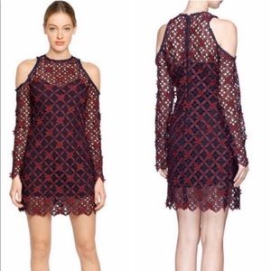Self Portrait Flower Grid Cold Shoulder Dress in Burgundy/Navy